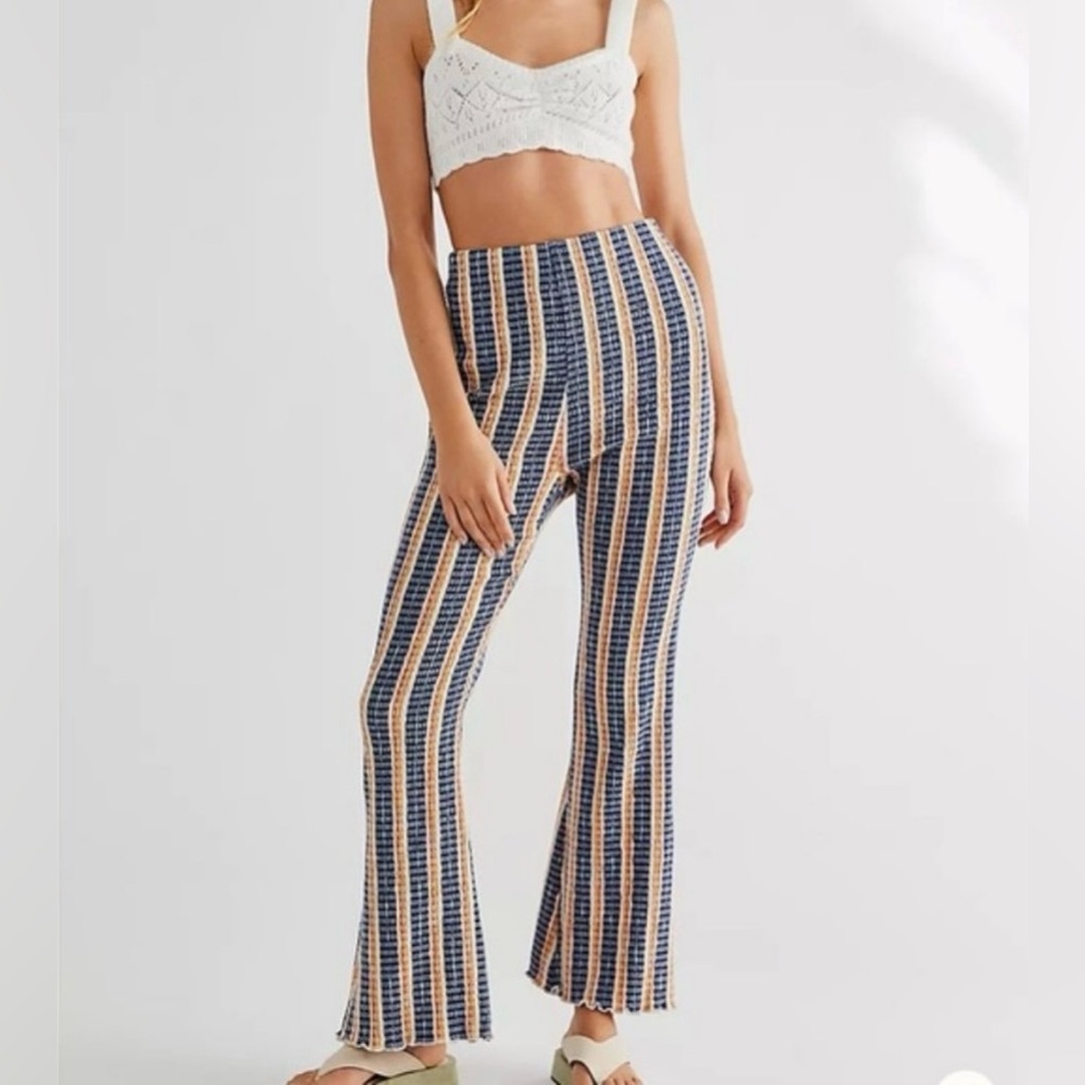 FREE PEOPLE Fine Line Slim High Waist Flare Striped Boho pants festival sz s/p - Picture 1 of 6